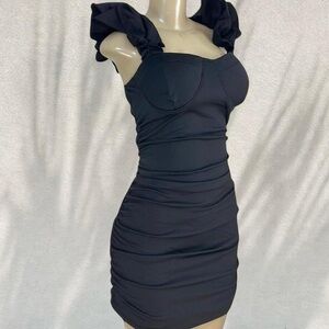 Black Ruffle Strap Bodycon Mini Dress | Ruched Party Dress 🖤✨